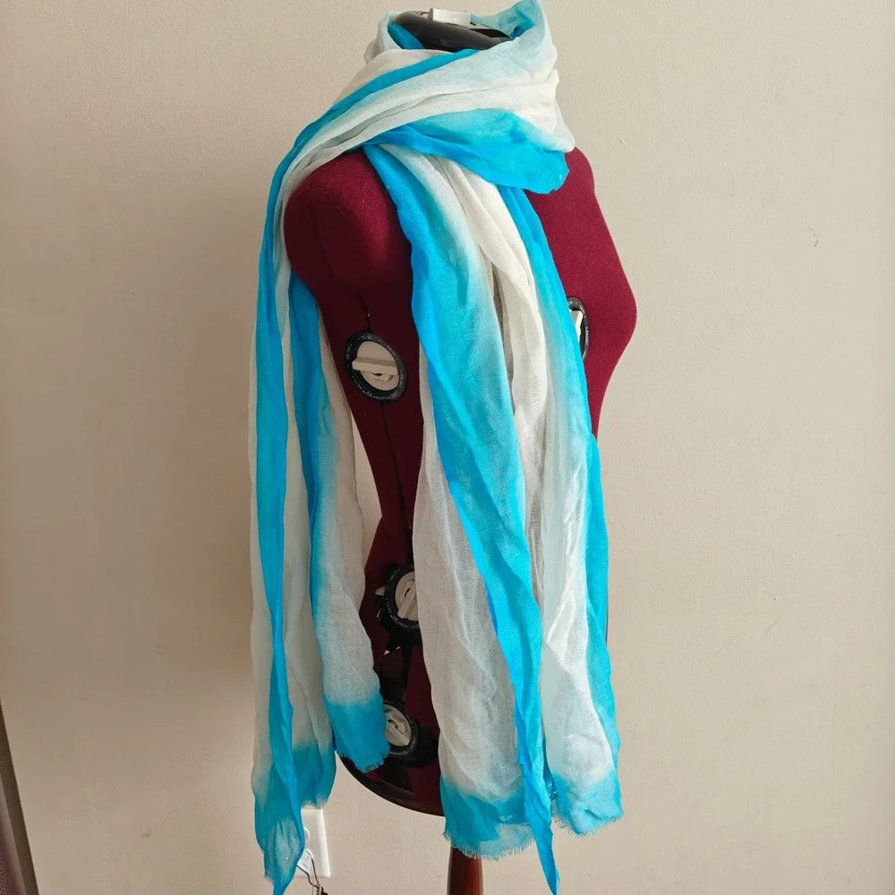 Spun by Subtle Luxury Bright Blue Cream Scarf Rectangle Bohemian Wool Silk Blend